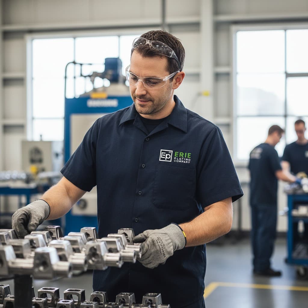 A technician in an embroidered company work shirt on the shop floor